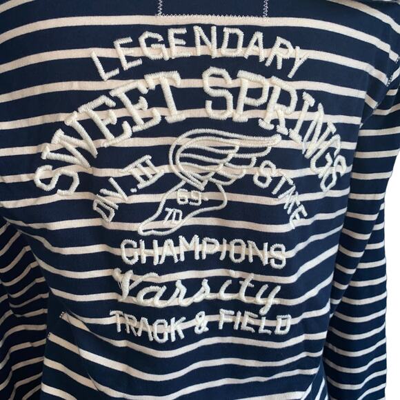 Lucky Brand Navy Blue Striped Zip Up Embroidered Knit Track Hoodie Size Large - Picture 3 of 8